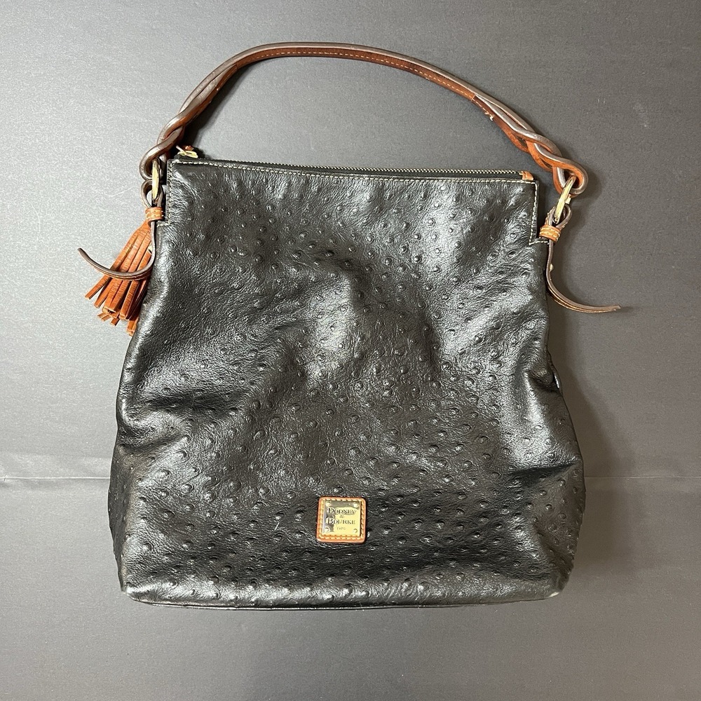 Dooney & Bourke Ostrich Hobo Purse Bag Black Exterior Red Lining